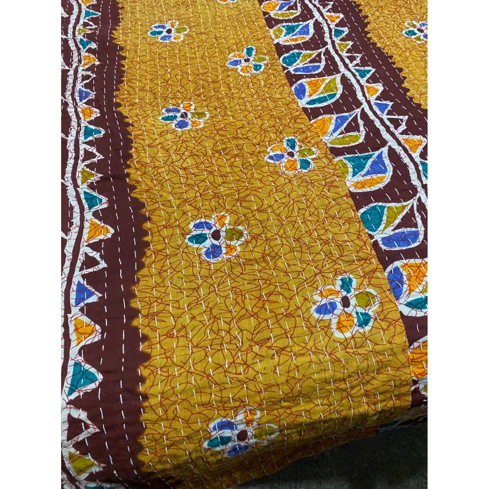 Handmade Indian Kantha Quilt Reversible Cotton Throw Blanket Red Yellow Paisley
